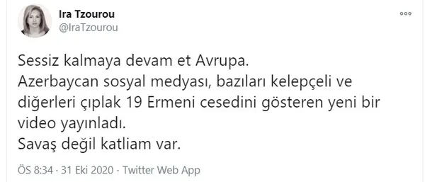 Kaçak Sevan Nişanyan’ın eşi Ira Tzourou Azerbaycan’ın zaferinden rahatsız oldu!