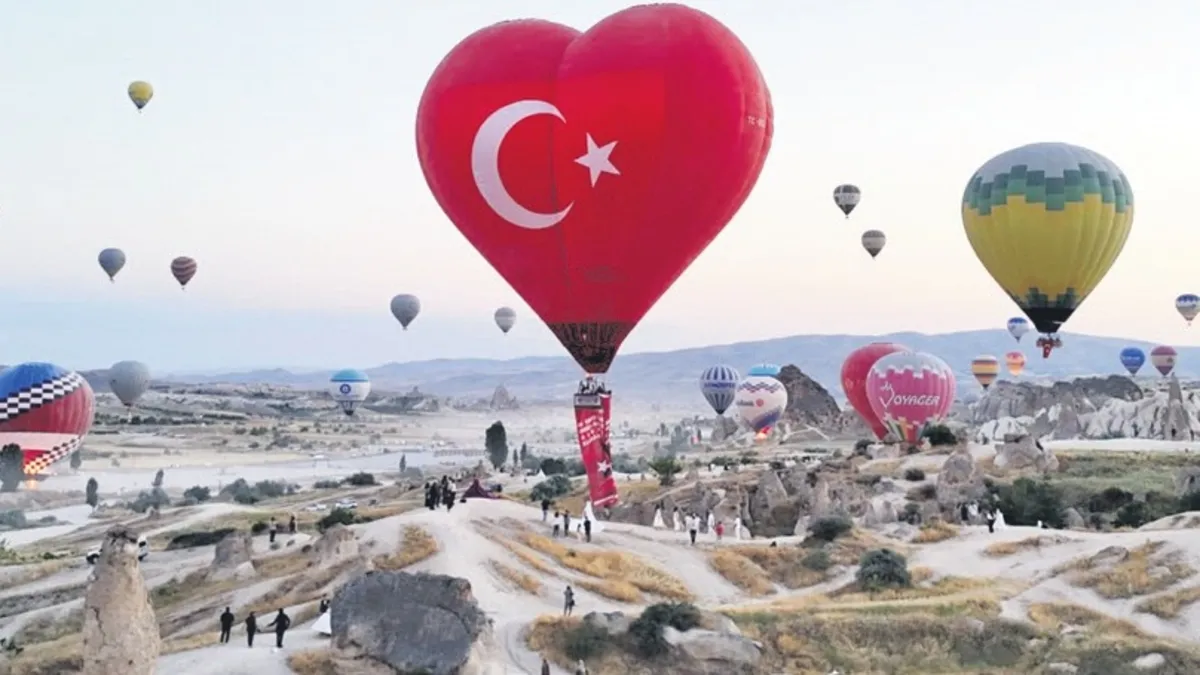 15 Temmuz şehitlerini anmak için Kapadokya semalarında Türk bayrakları taşıyan sıcak hava balonları.