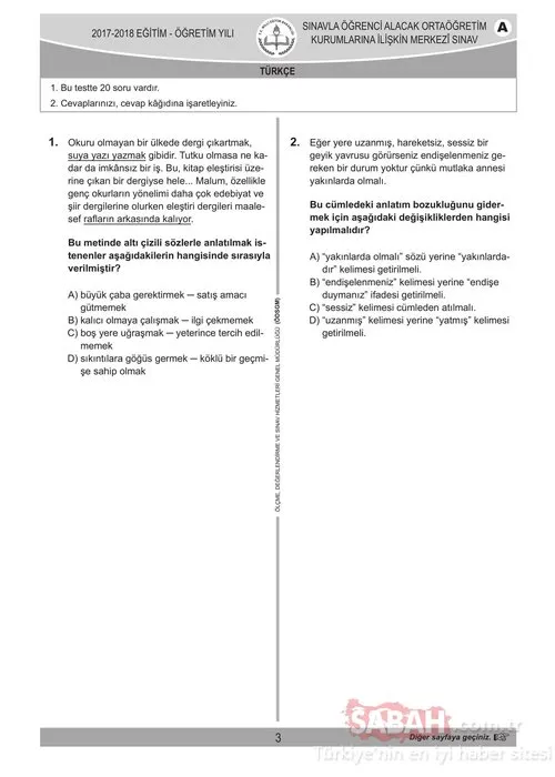 LGS soru ve cevapları burada! 2018 LGS soruları Türkçe, Matematik, Fen Bilimleri LGS sınav soruları ve cevapları