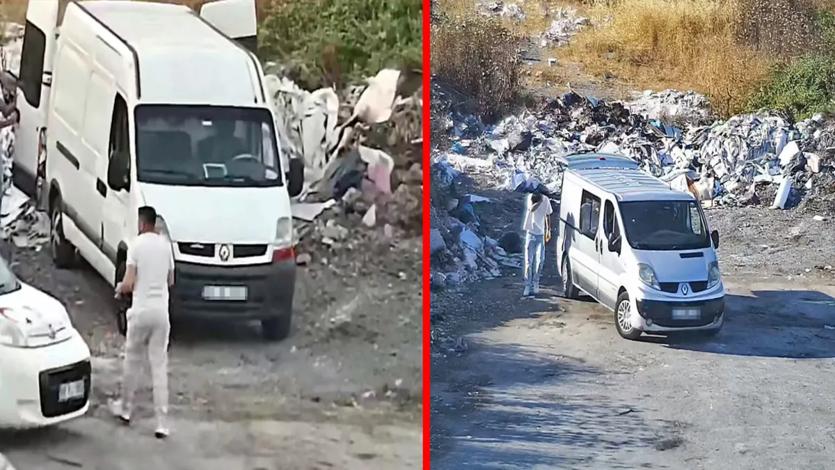 Avcılar'da boş bir araziye moloz dökülürken güvenlik kameralarına yakalanan araçlar.