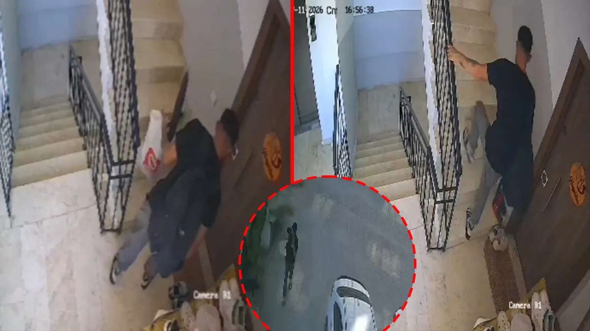 Serik'te bir apartmana giren hırsızın ayakkabıları incelediği an.