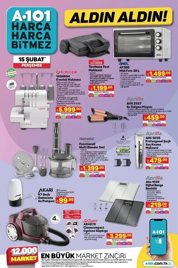 A101 AKTÜEL KATALOG 15 Şubat Perşembe raflarda! Overlok makinesi, maşa, blender... Haftanın A101 aktüel ürünler indirimleri