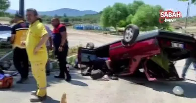 Bayramiç’te virajı alamayarak devrilen otomobildeki 3 kişi yaralandı | Video