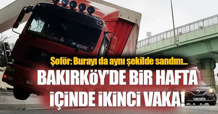 Bakırköy’de kamyon üst geçide takıldı