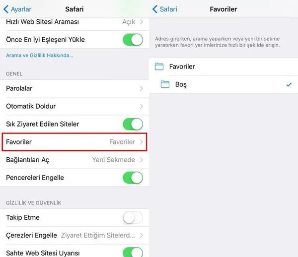 iPhone Safari'de Favoriler nasıl gizlenir?