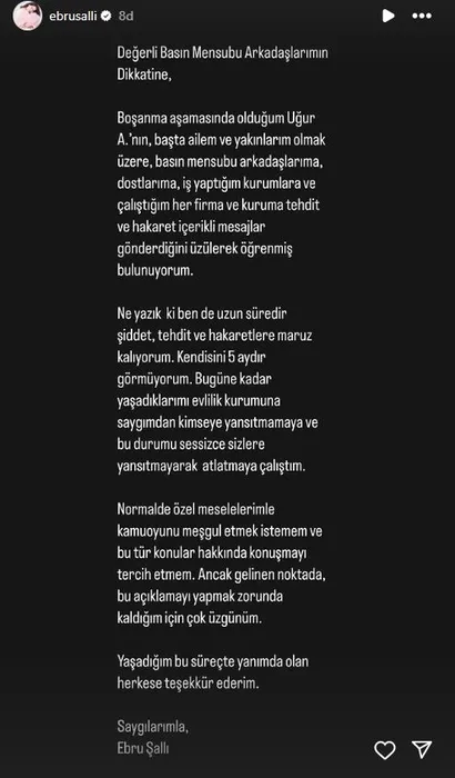 5 yıllık eşi Uğur Akkuş’a 1 ay uzaklaştırma kararı! Ebru Şallı şiddet ve hakarete uğradığını açıklamıştı...