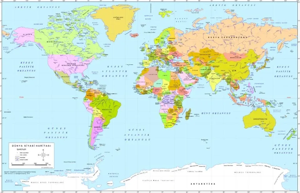 Büyük Dünya Haritası - Dünya Siyasi Haritası ile Renkli, Yüksek