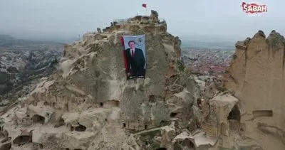 Dünyanın en yüksek peribacasına Başkan Erdoğan posteri asıldı | Video