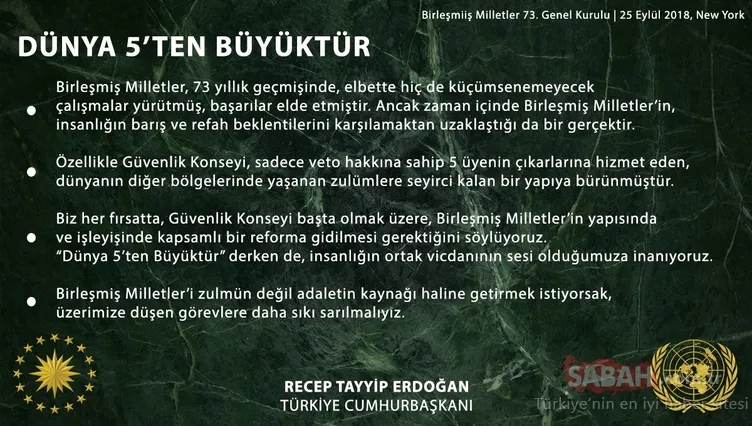 Başkan Erdoğan: Birleşmiş Milletler’i zulmün değil adaletin kaynağı haline getirmeliyiz.