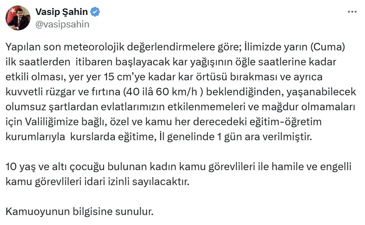 SON DAKİKA | Ankara’da yarın okullar tatil mi? Vali Vasip Şahin kararı duyurdu: 11 Nisan Cuma günü okul var mı?