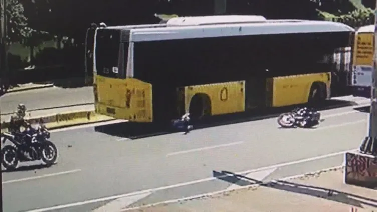 2 otobüsün arasına giren motosikletli metrelerce sürüklendi
