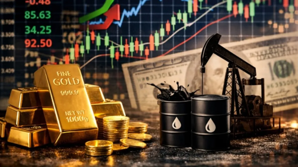 Borsa, altın ve petrol grafiklerinin yan yana gösterildiği bir görsel.