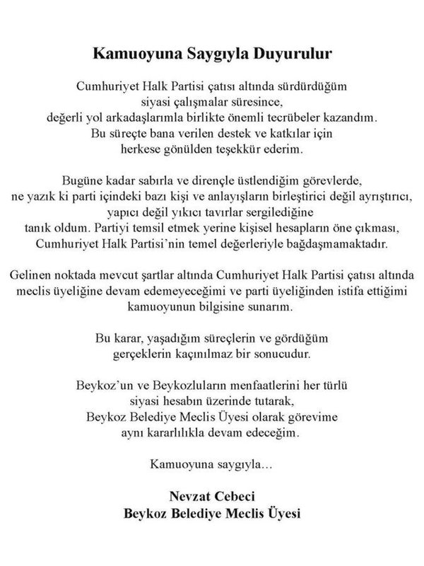 CHP Beykoz’da peş peşe istifalar! Nevzat Cebeci de partiden ayrıldığını duyurdu: Yapıcı değil yıkıcı tavırlar...
