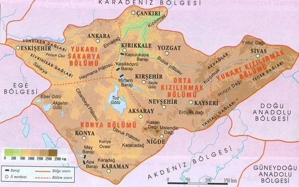 İç Anadolu Bölgesi Fiziki Haritası - Dağ, Ova, Göl, Akarsu ve Coğrafi