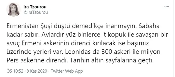 Kaçak Sevan Nişanyan’ın eşi Ira Tzourou Azerbaycan’ın zaferinden rahatsız oldu!