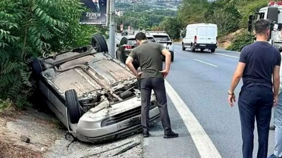 Kontrolden çıkan otomobil bankete çarpıp takla attı