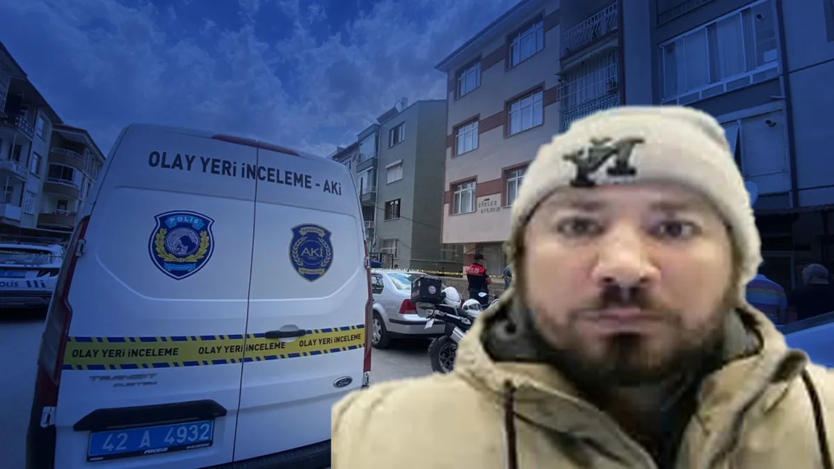 Konya'da bir evin önünde polis ekiplerinin inceleme yaptığı görüntüsü.
