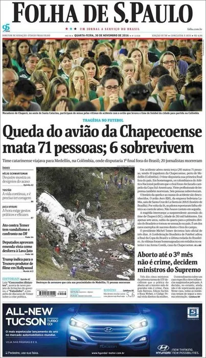 Chapecoense’nin ardından gazete manşetleri