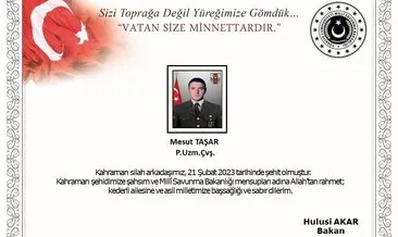 Milli Savunma Bakanlığı: Iğdır’da trafik kazasında Uzman Çavuş Mesut Taşar şehit oldu