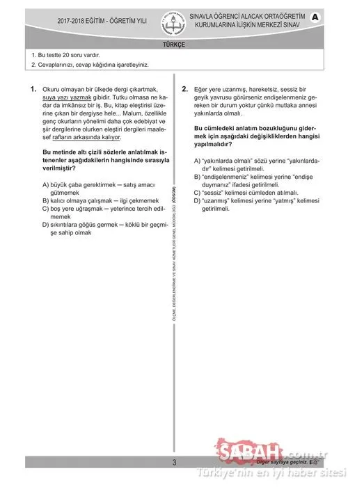 LGS çıkmış sorular 2018-2019 burada! Türkçe Matematik Fen Bilimleri ve Yabancı dil LGS sınav soruları ve cevapları!