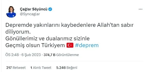 Leicester City forması giyen milli futbolcumuz Çağlar Söyüncü'den deprem fırsatçılarına ve yağmacılarına tepki!