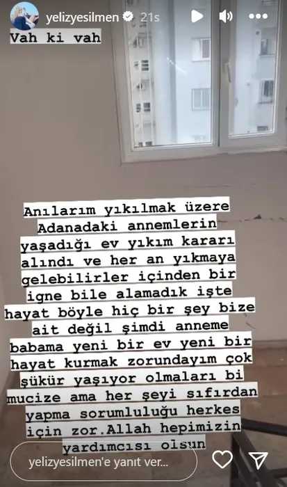 Yeliz Yeşilmen Adana'daki yıkım kararı alınan evini paylaştı