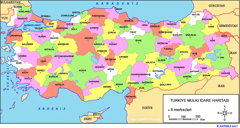 turkiye siyasi haritasi ile renkli
