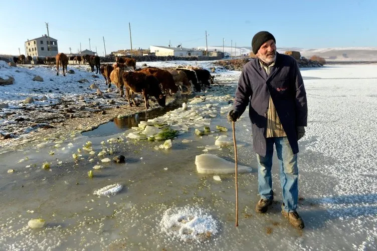 Ardahan’da Aktaş Gölü’nün yüzeyi buz tuttu