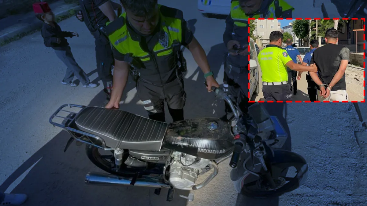 Karaman'da polis tarafından durdurulan ehliyetsiz ve plakasız motosiklet sürücüsü.