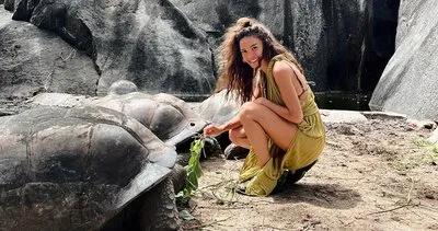 Güzel oyuncu Ebru Şahin dev kaplumbağalarla poz verdi! Eğlenceli kareleri ilgi odağı oldu