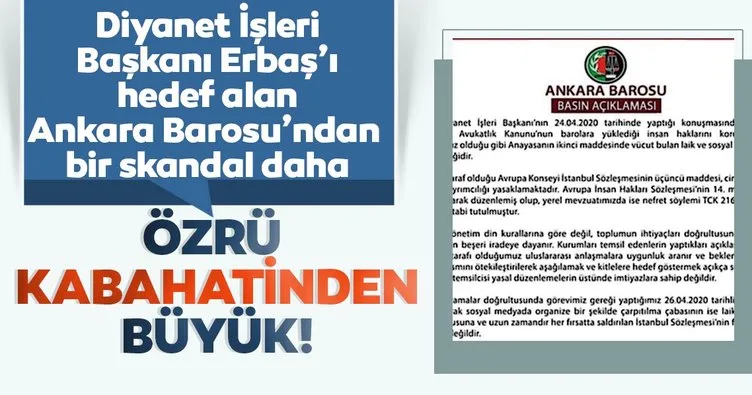 Diyanet İşleri Başkanı Prof. Dr. Ali Erbaş’ı hedef alan Ankara Barosu’ndan bir skandal açıklama daha!