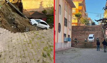 Kocaeli’de faciadan dönüldü: İstinat duvarı çöktü! Otomobil okul bahçesine uçtu