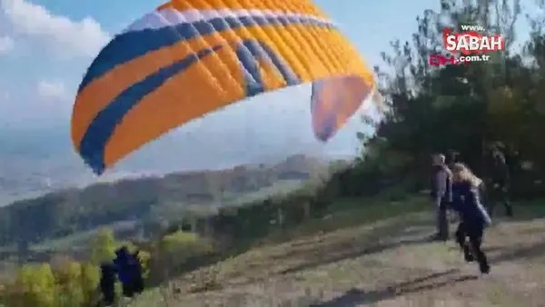 Yamaç paraşütünün ipine takılarak 20 metreden düştüğü anlar kamerada | Video