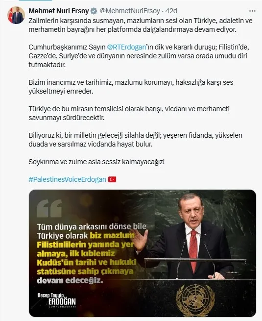 Cumhurbaşkanlığı kabine üyelerinden peş peşe paylaşım: Erdoğan, sessiz dünyanın vicdanıdır