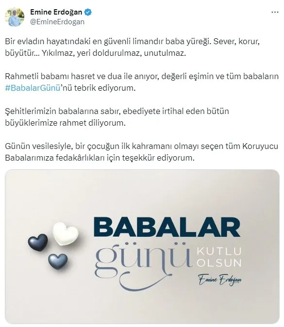 Emine Erdoğan'dan Babalar Günü mesajı - Son Dakika Haberler