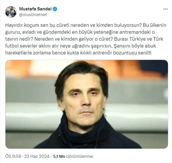 Son dakika: Milli Takım paylaşımı yapan Mustafa Sandal'a büyük tepki! Montella'ya ağır sözler söylemişti...