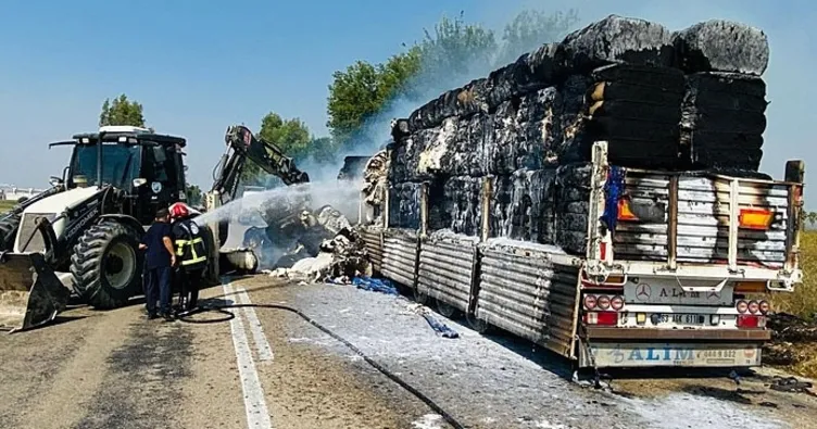 Anız yangını pamuk yüklü TIR’ı yaktı