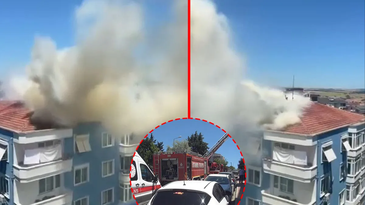 Silivri'de 4 katlı bir binanın çatısında çıkan yangın ve itfaiye ekiplerinin müdahalesi.