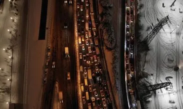 Kar yağışı etkisini artırdı, trafiğin boyutu havadan görüntülendi
