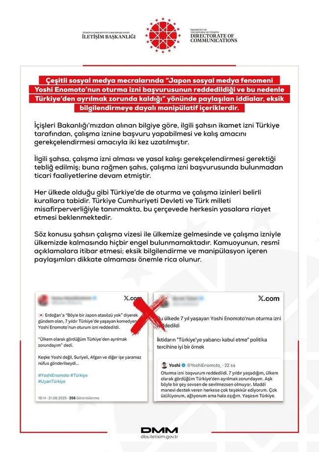 Japon fenomen Yoshi Enomoto ‘Oturum izni başvurum reddedildi’ demişti: İletişim Başkanlığı’ndan açıklama geldi!