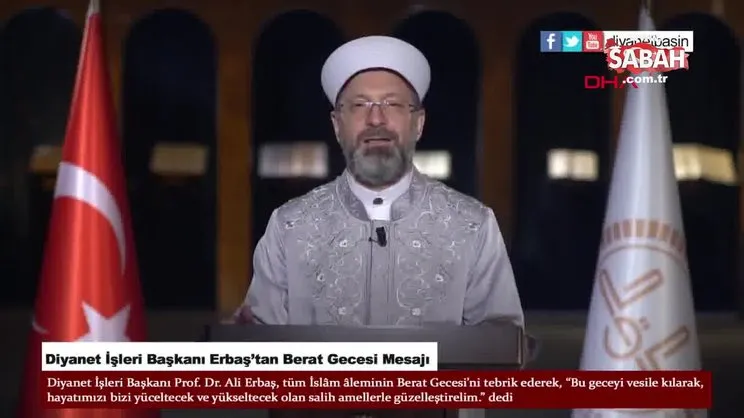 Diyanet İşleri Başkanı Erbaş'tan, 'Berat Gecesi' mesajı