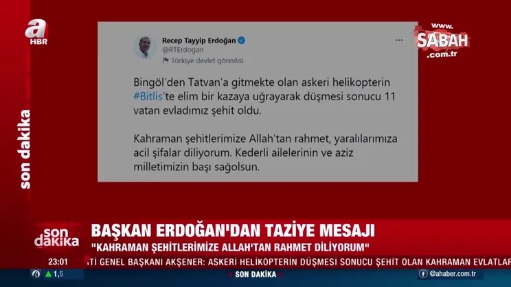 Son dakika haberleri: Başkan Erdoğan'dan Bitlis şehitleri için taziye mesajı | Video