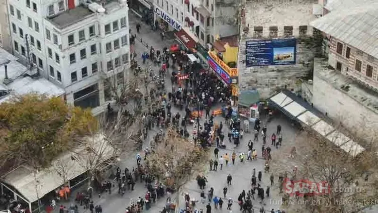 Eminönü’nde yüzlerce metrelik umut kuyruğu havadan görüntülendi