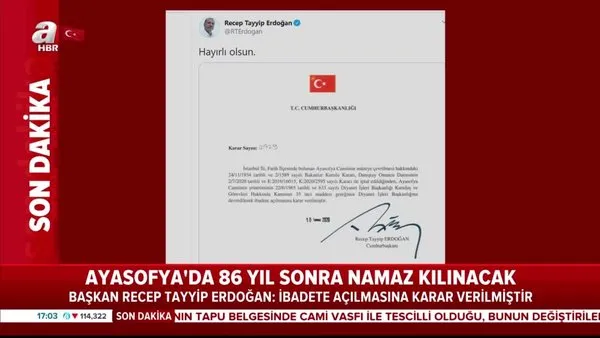 Son Dakika: Cumhurbaşkanı Erdoğan'dan flaş Ayasofya paylaşımı | Video