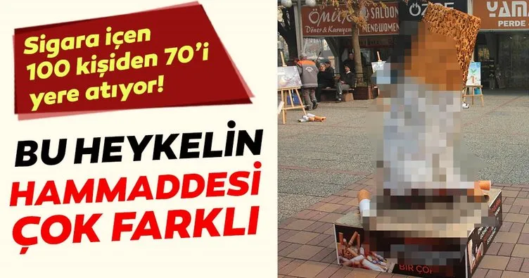 Bursa’da sigaranın çevreye zararına izmaritten heykelle dikkat çekildi