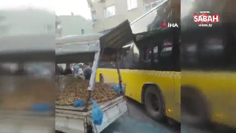 İETT otobüsü patates yüklü kamyonete çarptı: Seyyar satıcı, şoförü canını alacağım diye böyle tehdit etti | Video