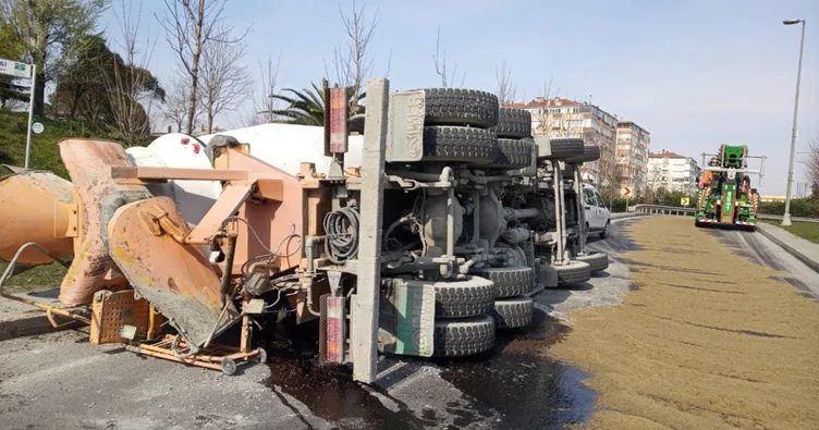 D 100 bağlantı yolunda beton mikseri yan yattı