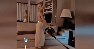 Şarkıcı Gülşen’in sütyen iç çamaşırlı evde temizlik yaptığı anlar olay oldu | Video