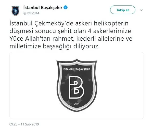 Futbol camiasından Çekmeköy'de şehit olan askerlerimiz için taziye mesajları