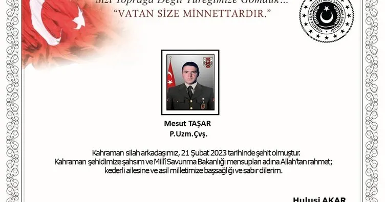 Milli Savunma Bakanlığı: Iğdır’da trafik kazasında Uzman Çavuş Mesut Taşar şehit oldu